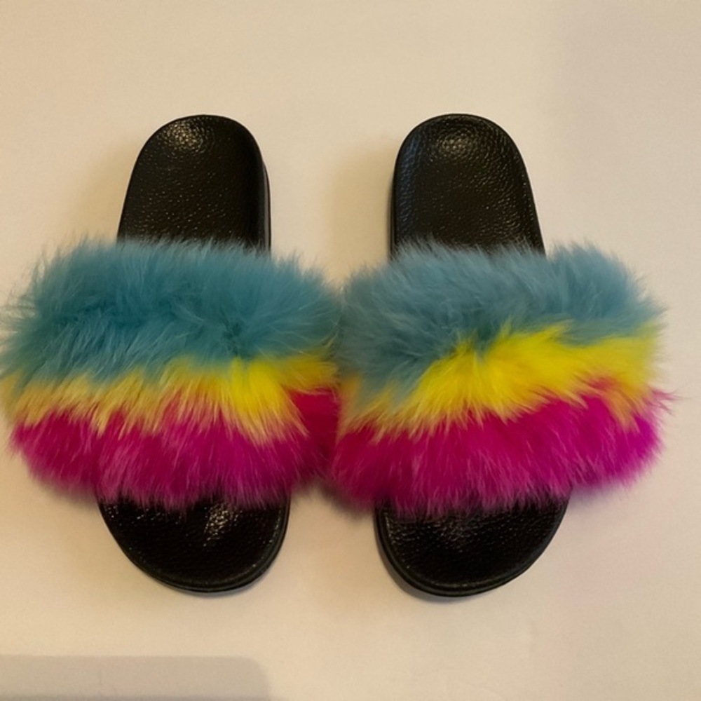 Blue Yellow & Pink Tricolor Vegan Fur Slides